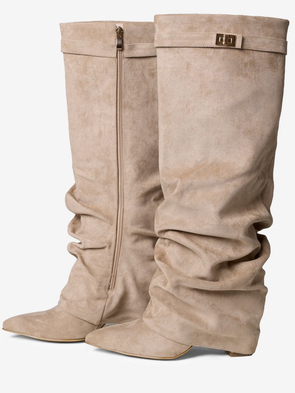 SOLD ❌ Èdyisa Lavista Slouchy Suede Shark Knee High Boots - Beige